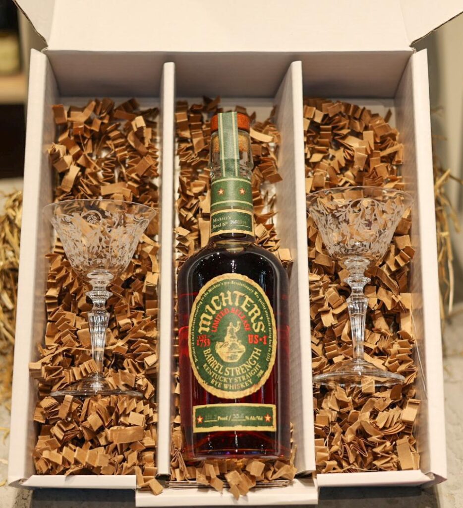 Michter's Bourbon with Set of 2 Italesse Crystal Cocktail Glasses